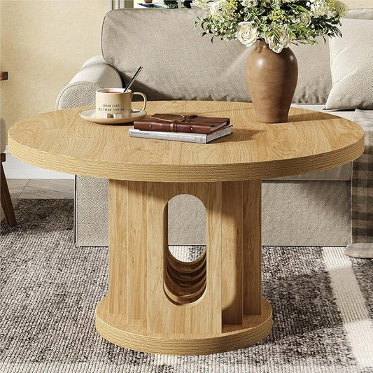 31.5" Round Coffee Table, Small Wooden Circle Center Table Hole Panel Splice Design Coffee Tables for Living Room, Thickened Edge MDF Board, Natural Oak