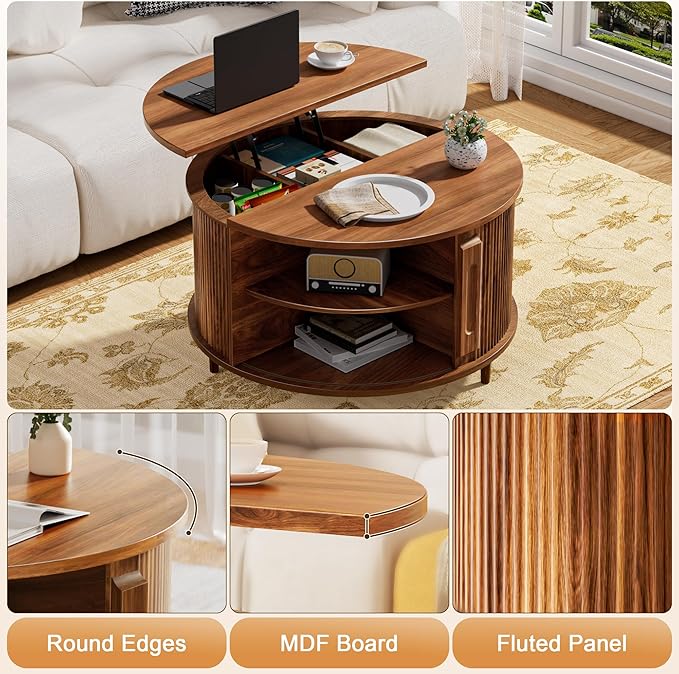 Round Lift Top Coffee Table, 31.5" Fluted Wood Lift Up Center Table with Sliding Door & Hidden Storage – Mid Century Modern Circle Coffee Table for Living Room, Home Office, Apartment (Walnut)