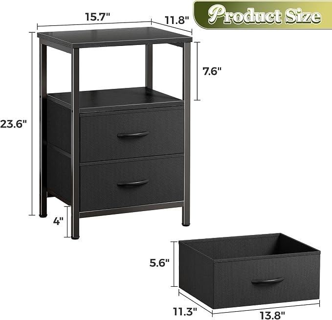 Huuger Night Stand with 2 Drawers, Bed Side Table with Open Shelf, Wooden Top, Nightstand for Bedroom, End Table for Small Space, Fabric Drawer, Black - Image 3