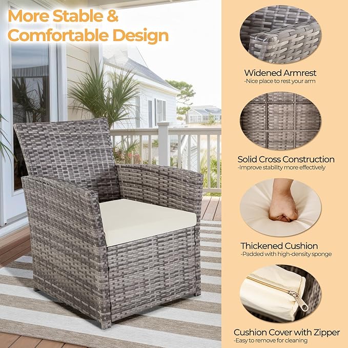 FHFO 4 Piece Outdoor Patio Furniture Set, Wicker Conversation Set, Rattan Table and Chairs and Loveseat with Cushions for Outside Balcony Porch Backyard (Gray-Beige)