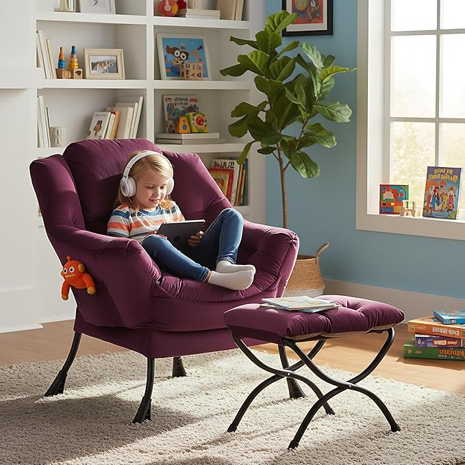 MBOOYOME Lazy Chair with Folding Ottoman, Modern Accent Armchair with Armrests, Side Pocket & Foldable Footstool, Reading Chair for Living Room, Bedroom, Dorm & Office, Velvet Purple