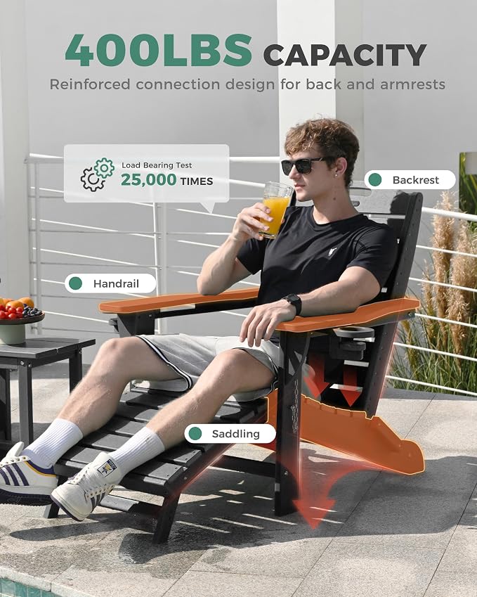 Adjustable Adirondack Chairs Set of 2 with Retractable Ottoman, HDPE Folding Adirondack Chair with Cup Holders, Weather Resistant for Backyard, Poolside & Fire Pit (Black) - Image 7