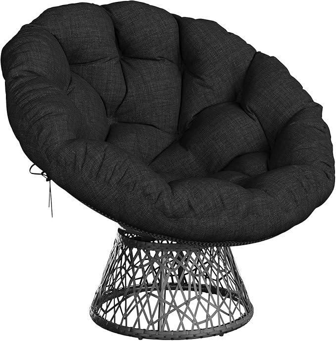 Garvee Papasan Chair, 37" Ergonomic Wicker Papasan Chair with Extra-Thick Soft Fabric Cushion, Heavy-Duty Steel Frame, 360° Swivel Base for Living Room, Bedroom & Reading Nook – All Black