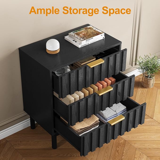 RoyalCraft 3 Drawer Nightstand, Modern Fluted Chest of Drawers, Wooden Storage Night Stand Side Table with Chic Edge Pull, Perfect for Bedroom, Living Room, Entryway, Black - Image 4