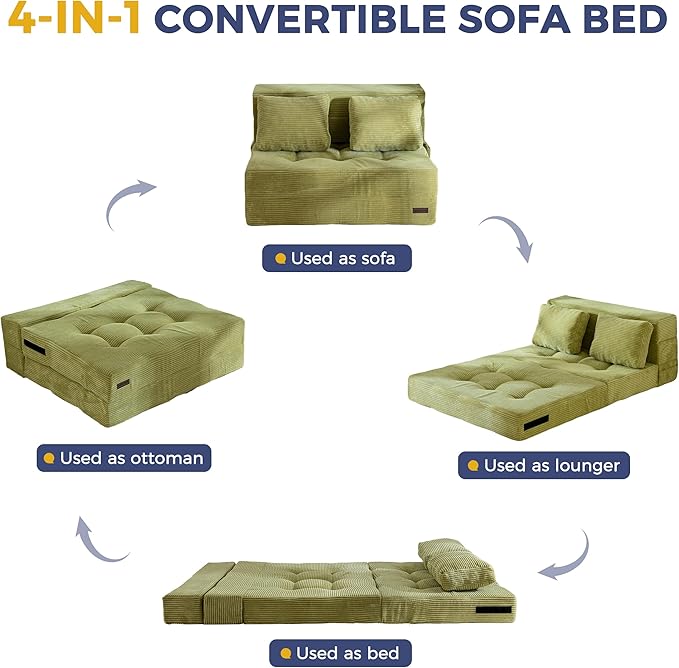 MAXYOYO Convertible Sofa Bed, Fold Out Sleeper Sofa with Pillow, 4 in 1 Tufted Folding Couch Bed Foam Floor Couch, Lazy Chair for Living Room Bedroom Guest Room, Green