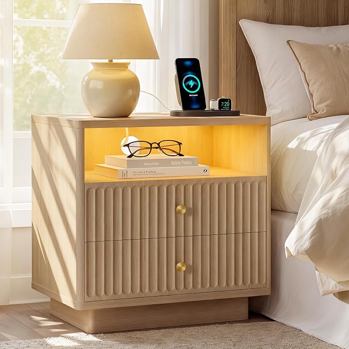 PAPROOS 23'' Fluted Nightstand with Charging Station, Modern Bedside Table with Motion Sensor LED Light, 2-Drawer Storage Cabinet for Bedroom & Home Office (1pc Natural Wood) - Image 2