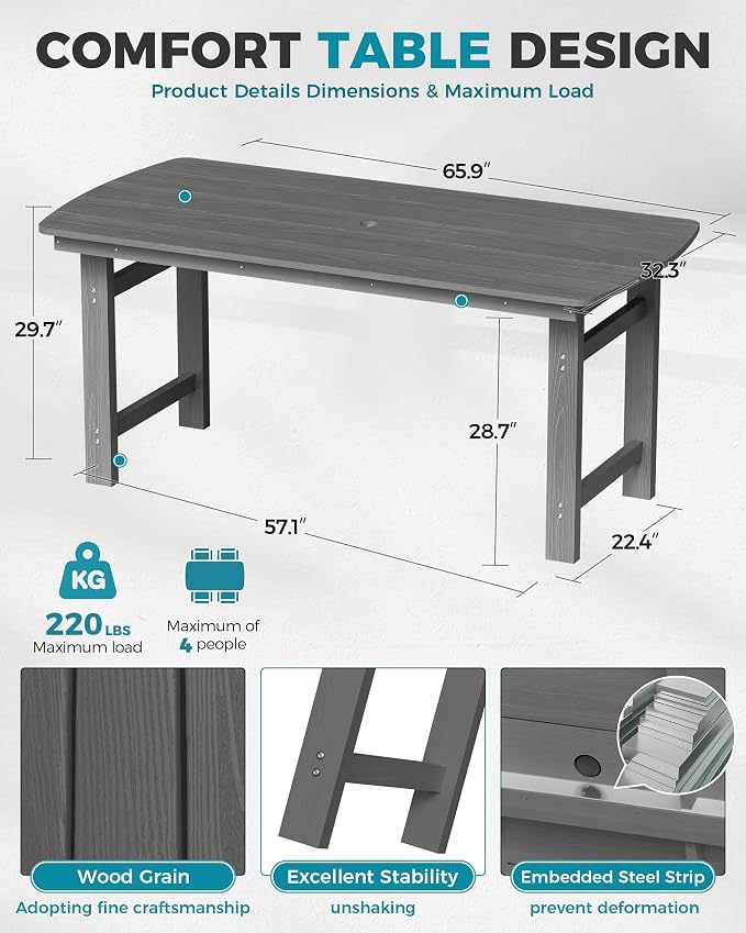 Ciokea HDPE Outdoor Dining Set, 5-Piece Patio Table and Chairs Set with Umbrella Hole, All-Weather Patio Dining Sets for 4, Durable Patio Furniture for Backyard, Garden, Lawn & Poolside, Grey - Image 6