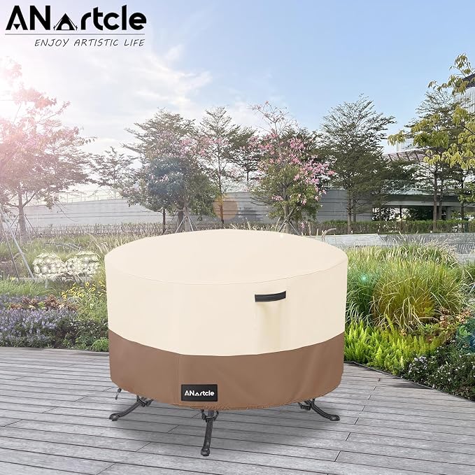 ANartcle Round Patio Table Covers 50inch,100% Waterproof 600D Heavy Duty PatioTable Cover,Round Patio Table Covers for Outdoor Furniture,50"DIA x 23"H,Beige&brown. - Image 5