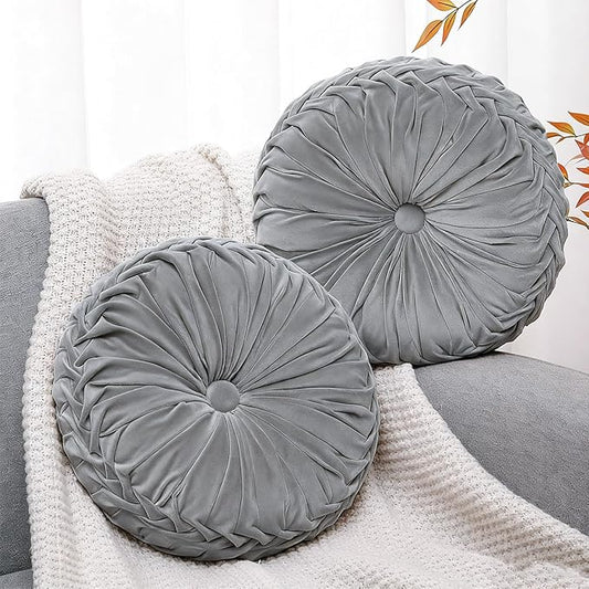 Beeveer 2 Pcs Round Throw Pillows 15 Inch Decorative Velvet Pleated Pumpkin Pillows Boho Floor Pillow with Center Button for Living Room Couch Chair Bed Sofa Home Decoration (Gray)