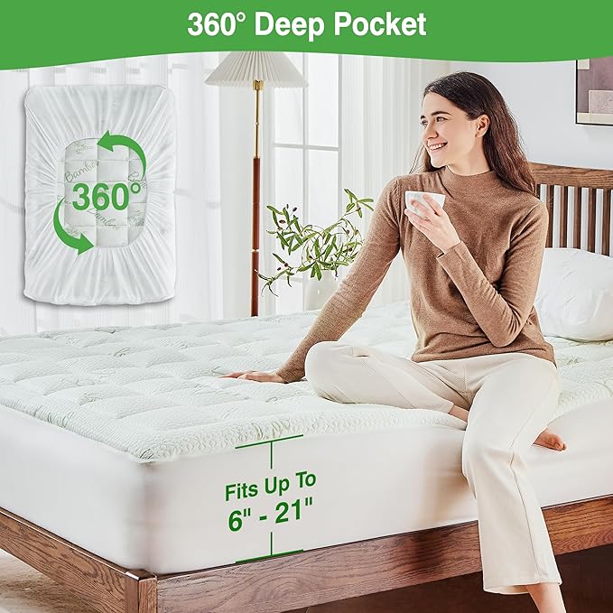 Queen Mattress Pad Cover, Viscose Made from Bamboo Pillow Top Cooling Mattress Topper for Queen Size Bed, 6-21 inches Deep Pocket, 60x80 inches