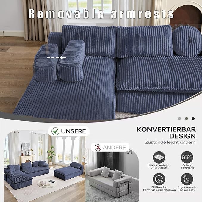 149" Oversized U Shaped Cloud Modular Sectional Sofa Boneless Couch with Double Chaise,Free Combination Convertible Floor Sofa Bed with Storage Pockets and Pillows | No Assembly
