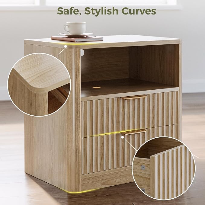 IRONCK Fluted Night Stand Set of 2, Modern Nightstand with Charging Station, Drawers and Open Shelves - Bedside Table Wood Side Table Set for Bedroom, Oak - Image 7