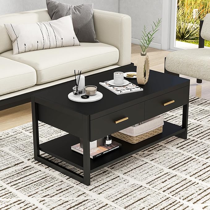 Solid Wood Coffee Table with Storage Living Room Table with 2 Drawers Shelf & Reinforced Legs