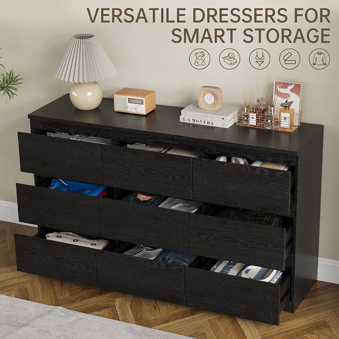 OtterOasis Black Wood Dresser for Bedroom, 9 Drawer Dressers for Clothes Storage, Modern Dresser with Wide Drawers, Wide Wooden Chest Drawers for Living Room, Entryway, TV Stand - Image 3