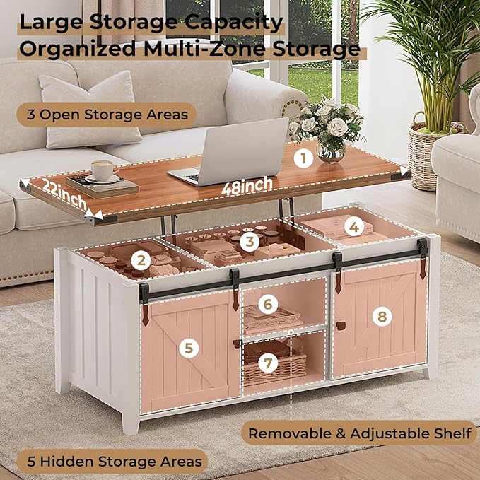 48" Farmhouse Lift Top Coffee Table with Storage, Sliding Barn Door, Large Hidden Compartment, Wooden Lifting Tabletop with Adjustable Shelf for Living Room, Office (White)