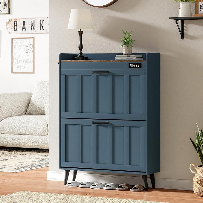 ChooChoo Shoe Storage Cabinet with 2 Flip Drawers, Deodorizing Shoe Organizer Storage for Entryway, Freestanding Hidden Slim Narrow Shoe Rack Cabinet, Blue - Image 8