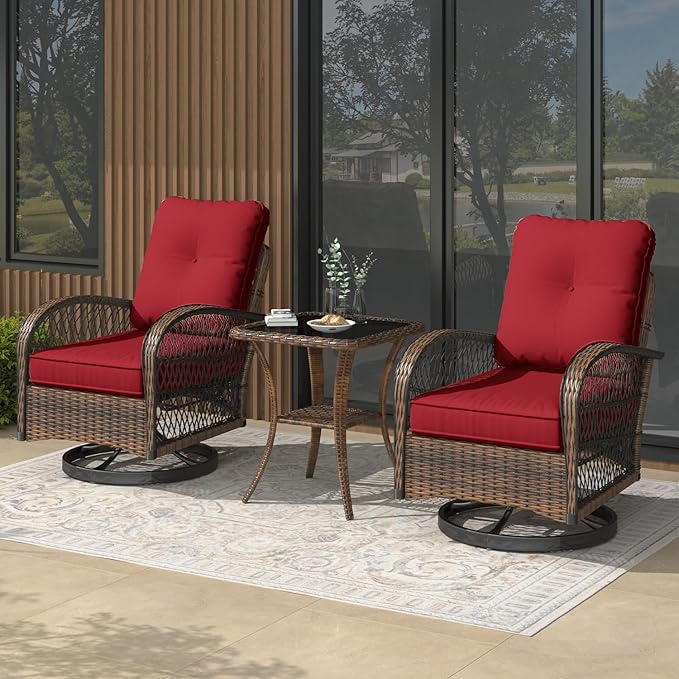 EROMMY 3 Pieces Patio Furniture Set, Outdoor Swivel Rocker Patio Chairs, Wicker Patio Bistro Set with Rocking Chair, Thickened Cushions and Glass Coffee Table for Backyard, Garden, Wine Red