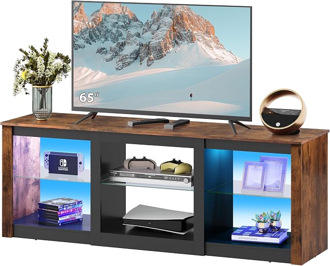 WLIVE RGB LED TV Stand for 65-Inch TV, 58-Inch Entertainment Center with Adjustable Glass Shelves, Modern Media Console for Living Room & Bedroom, Rustic Brown by WLIVE
