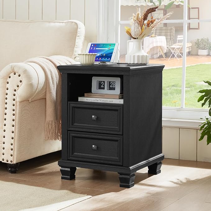 SAVOR LIFE Farmhouse Nightstand Set of 2 with Charging Station, Rustic Black Nightstand with Drawers, Bedside Table with Open Shelf for Bedroom, Black - Image 7