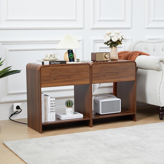 XUZENEST Fluted Nightstand Set of 2 with Charging Station, Modern Bed Side Table End Table with Drawer Storage, Large Wooden Night Stands Bedside for Bedroom Living Room Sofa Office, Walnut 2 Sets - Image 2