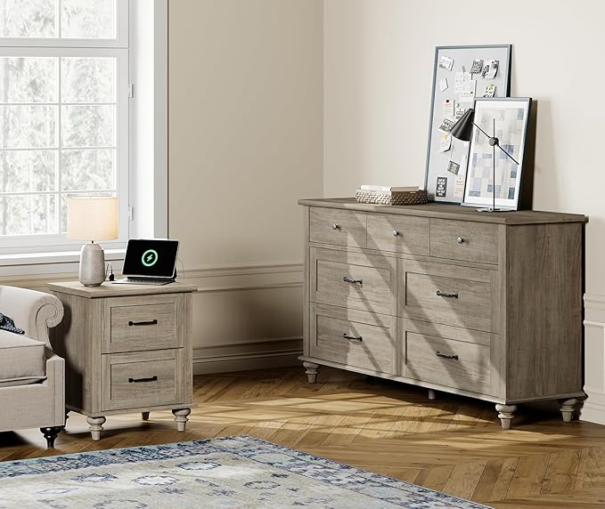 WAMPAT 2 Piece Bedroom Set - Includes 7 Drawer Dresser for Bedroom, Farmhouse Nightstand with Charging Station & Drawers, 2 Piece Dresser and Nightstand Sets, Grey