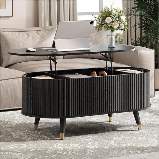 SULIVES Oval Coffee Table with Storage,Multifunctional Lift Top Drum Coffee Table, Small Fluted Center Table for Living Room, Black