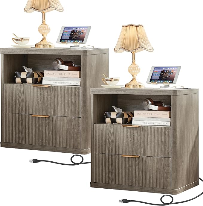 LEYAOYAO Fluted Farmhouse Nightstand Set of 2 with Charging Station, 23" Wide 2 Drawers End Table,Grey Dresser for Bedroom,Bed Side Table Chest of Drawers Cabinet,Wood Night Stand for Living Room by LEYAOYAO-Findtheshiningpointofyourideallife%EF%BC%81