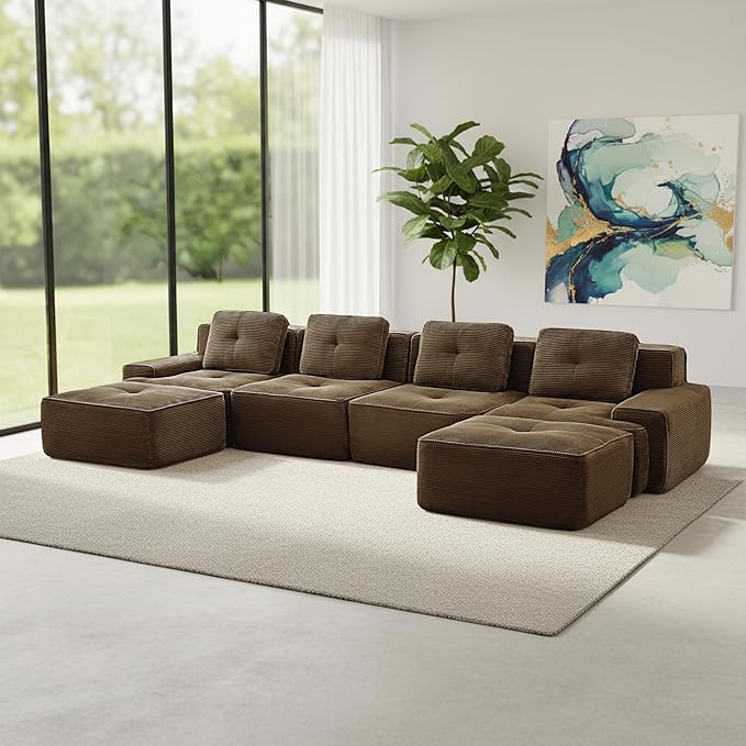 Casaphoria 150'' Boneless Sectional Sofa, Corduroy 4-Seater Cloud Couch with 4 Pillows & 2 Ottomans for Living Room, U-Shaped Deep Seat Modular Sofa for Apartment, No Assembly, Brown