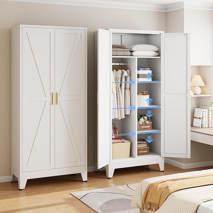 71" Armoire Wardrobe Closet with Hanging Rod & Adjustable Shelves, 2 Doors White Armoire Wardrobe Closet, Metal Clothing Storage Wardrobe Cabinet for Bedroom, Laundry Room, Office
