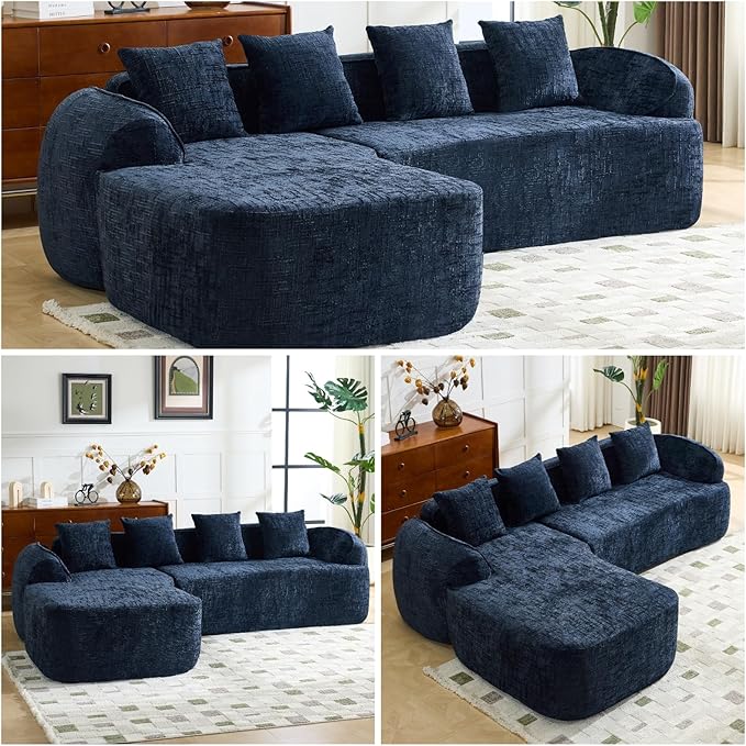 L Shaped Compression Sofa, Modular Couch with Curved Armrests & 4 Coordinating Pillows, Modern 101'' Chenille 4 Seater Sofa with Wide Seat for Living Room, Bedroom, No Assembly, Dark Blue