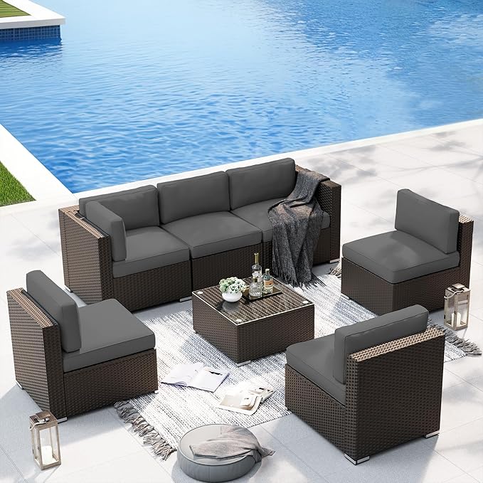 SUNCROWN 7-Piece Outdoor Patio Furniture Sofa Set All-Weather Wicker Sectional Conversation Set with Modern Glass Coffee Table, Cushions and A Waterproof Cover for Backyard, Garden, Poolside, Grey