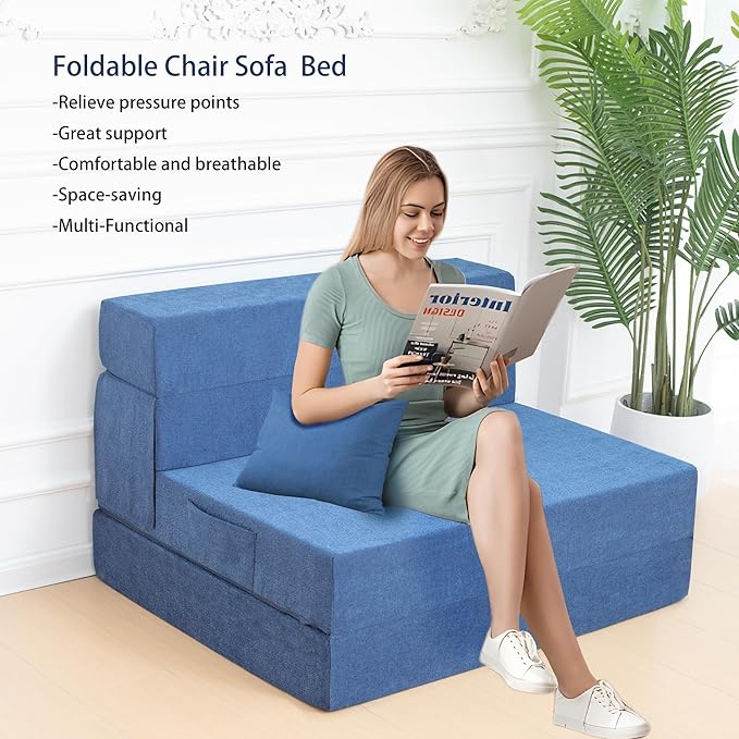 Folding Sofa Bed Chair with Pillow,Convertible Fold Out Chair Bed Sleeper,Foam Floor Mattress, Foldable Futon Couch Bed for Living Room/Dorm/Guest/Office (Blue, Twin XL)