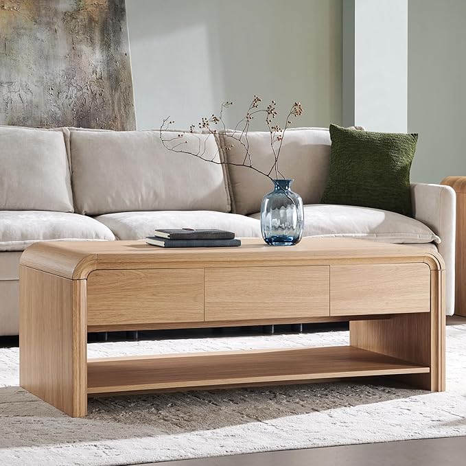 47" Lift Top Coffee Table with Storage, Modern Coffee Table with Pull-Out Drawer and Two-Tier Storage, Rectangle Wood Center Table w/Curved Profile Design for Living Room, Natural