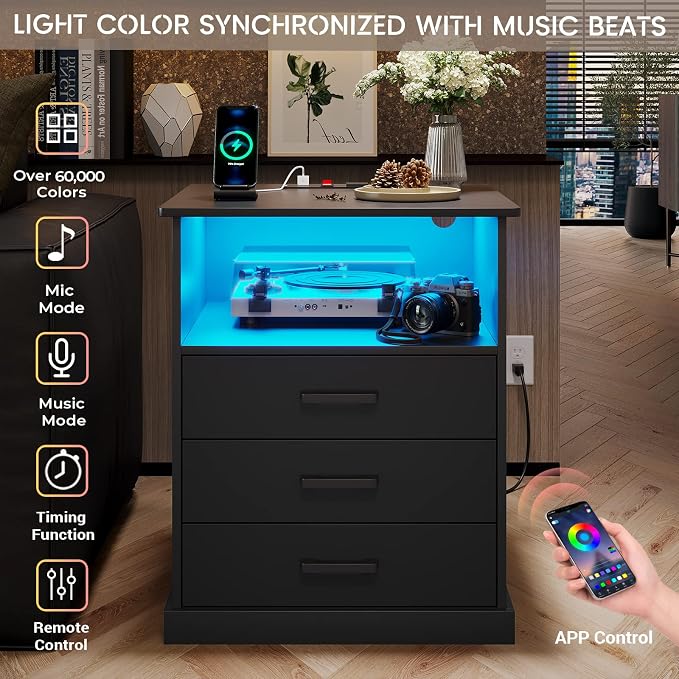 Hasuit Nightstands Set of 2 with Charging Station and LED Lights, Large Bedside Table with 3 Storage Drawer, Black Night Stand for Bedroom, Wider Tabletop 19.0''(L) x 15.0''(W) - Image 5