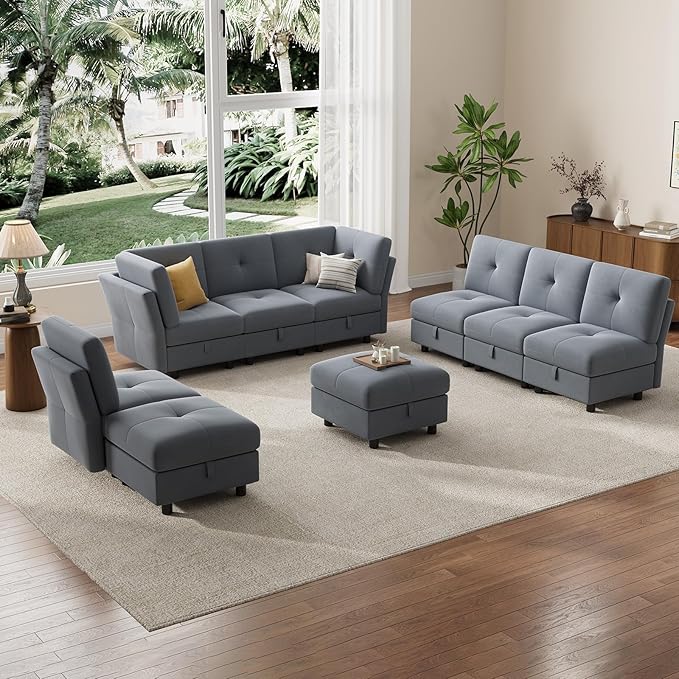 IDEALHOUSE Modular Sectional Sofa, 9 Seat with Storage & Convertible Ottomans, U-Shaped Velvet Couch High Support Design, Modern Living Room Sofa Bed, Blue