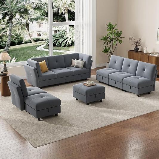 IDEALHOUSE Modular Sectional Sofa, 9 Seat with Storage & Convertible Ottomans, U-Shaped Velvet Couch High Support Design, Modern Living Room Sofa Bed, Blue