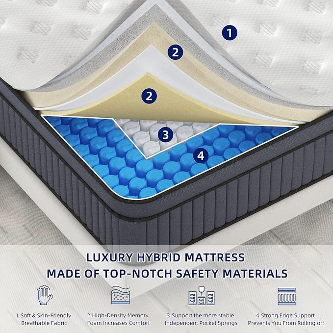 EEN EEN SLEEP 12 Inch Medium Plush King Size Mattress [Upgraded] King Hybrid Mattresses in A Box with Gel Memory Foam & Pocket Springs, Strong Edge Support,Pressure Relief,CertiPUR-US,365-Night Trial