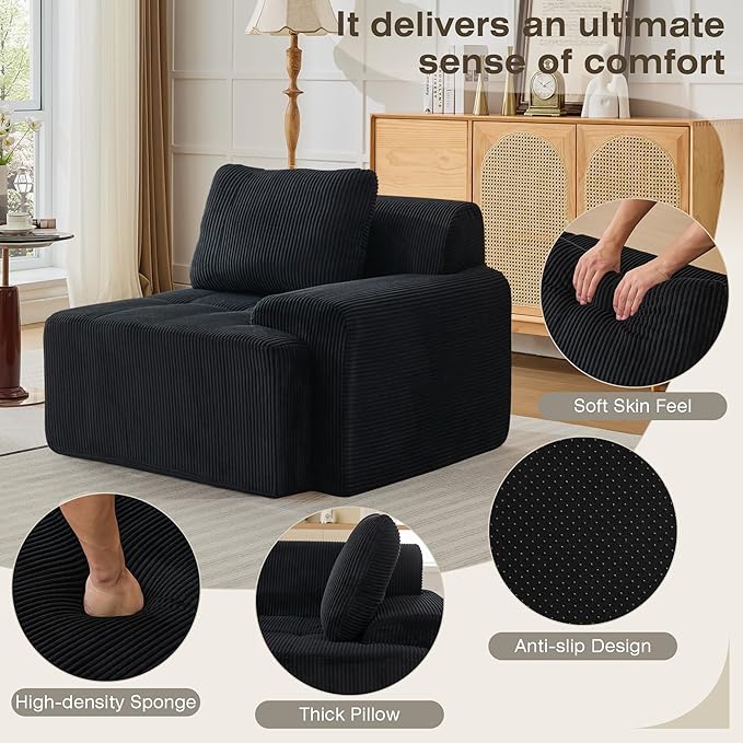 Modular Sectional Sofa, Boneless Couches for Living Room, Corduroy Couch, Big Comfy Couch, Modular Cloud Sofa with Deep Seat (Black, 1 Piece-Right Armchair)