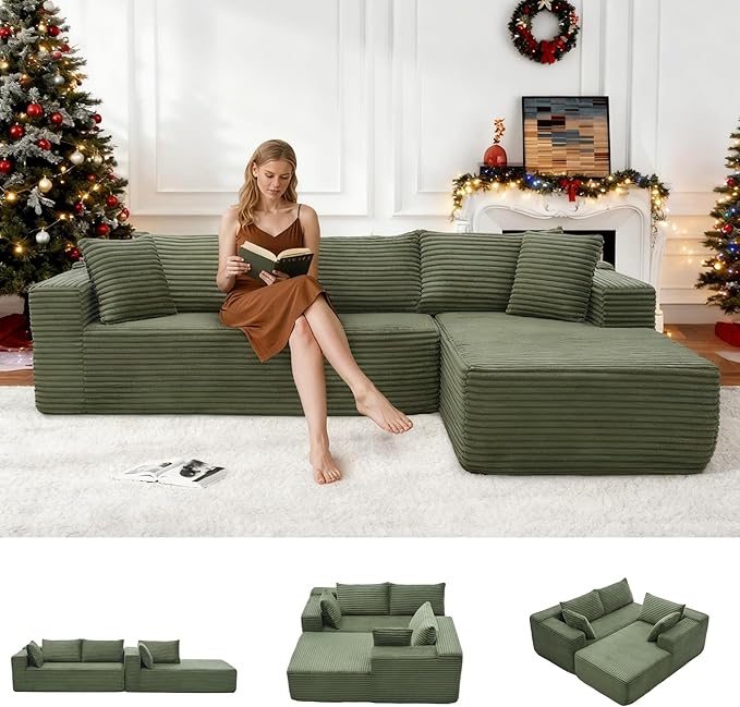 Cloud Sectional Couch, Modular Sectional Sofa with Left Chaise Lounge, Modern Modular L-Shape Sofa with Pillows & Deep Seat, Boneless Couches for Living Room Bedroom, Green