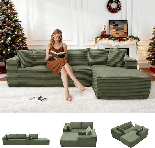 Cloud Sectional Couch, Modular Sectional Sofa with Left Chaise Lounge, Modern Modular L-Shape Sofa with Pillows & Deep Seat, Boneless Couches for Living Room Bedroom, Green