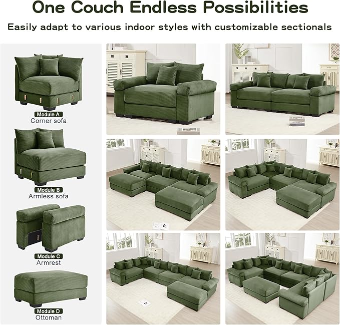 KEIKI 130" U-Shaped Oversized Corduroy Modular Cloud Sectional Sofa with 2 Ottoman, High-Density Foam Cushion, Extra-Thick Armrest, 3-Seater Fluffy Corner Couch with 9 Pillow, for Living Room, Green