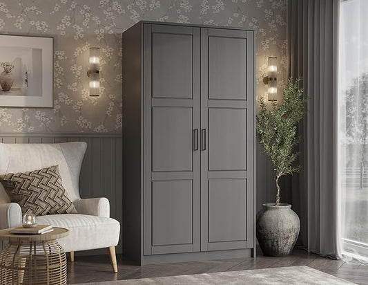 Palace Imports 100% Solid Wood Urban 2-Door Wardrobe Armoire w/Raised Panel Doors, Gray, 37.75" w x 72" h x 23.75" d. Renewable Eco-Friendly Wood, Made in Brazil