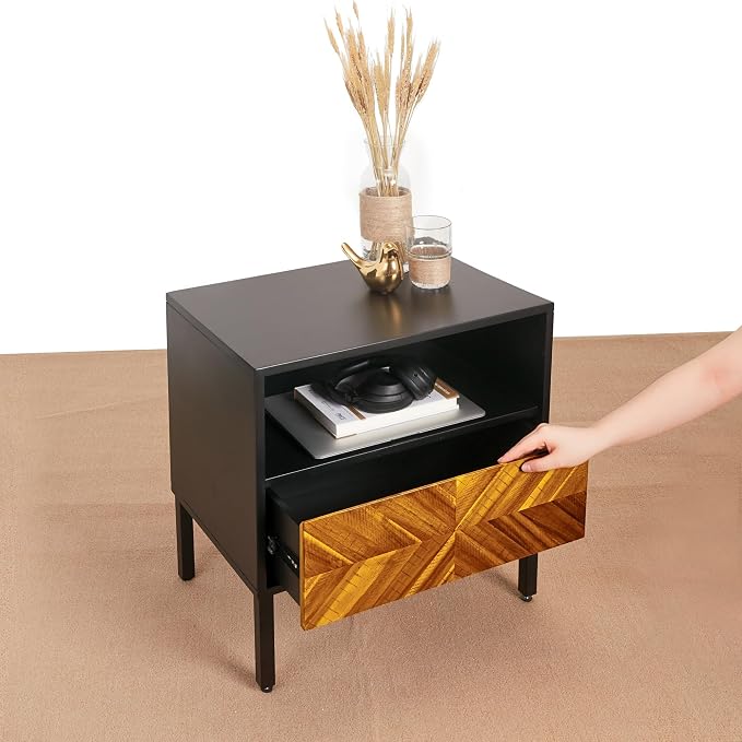 Bme Vivian Solid Wood Nightstand, End Table, Bedside Table with Herringbone Pattern for Rustic Bedroom, Easy Assembly, Rustic Golden Brown and Black - Image 8