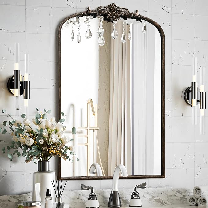 Besdomus Antique Large Arched Mirror: 24"x36" French Arch Black Vintage Wall Vanity Mirror - Traditional Ornate Home Decor for Entryway/Fireplace/Bathroom/Bedroom - Idea for Young Couples by Besdomus