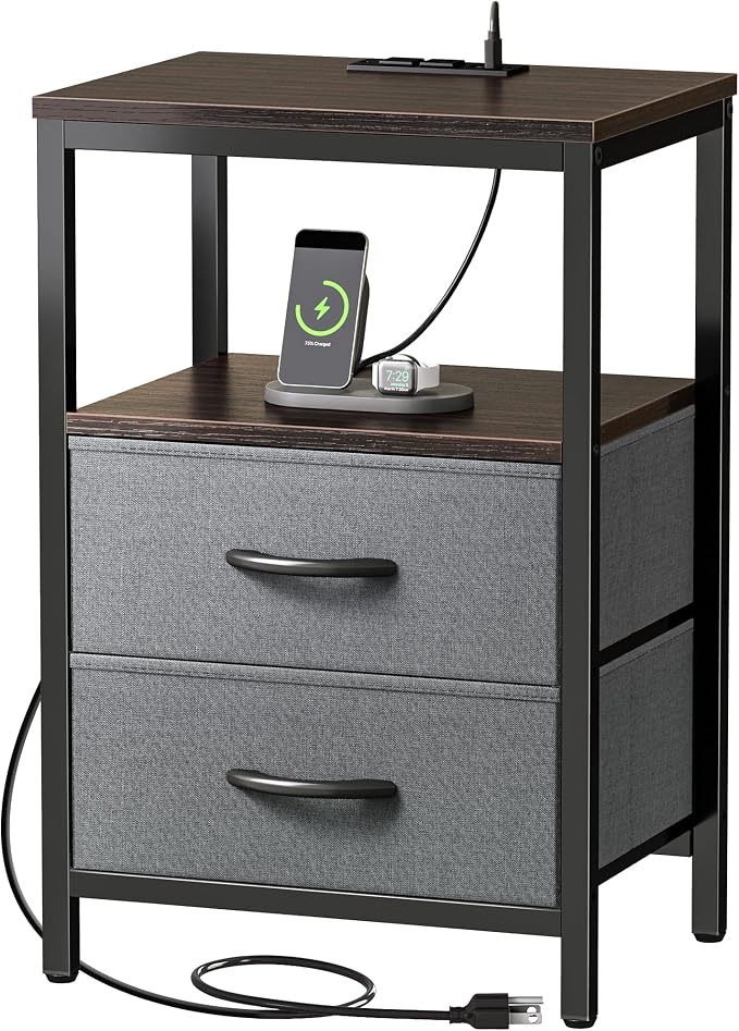Huuger Nightstand with Charging Station, Fabric Drawers, End Table with Open Shelf, Bedside Table with USB Ports and Outlets, Night Stand for Bedroom, Walnut by Huuger