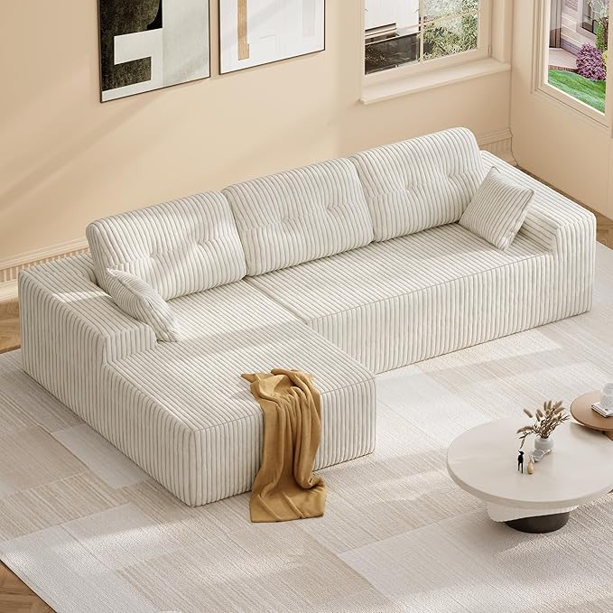 Ball & Cast 106" Cloud Modular Sectional Sofa, Boneless Corduroy Couch with Deep Seat, Comfy L-Shaped Sectional, Modern Upholstered Sofa for Living Room, No Assembly (Beige, Left Facing Chaise)