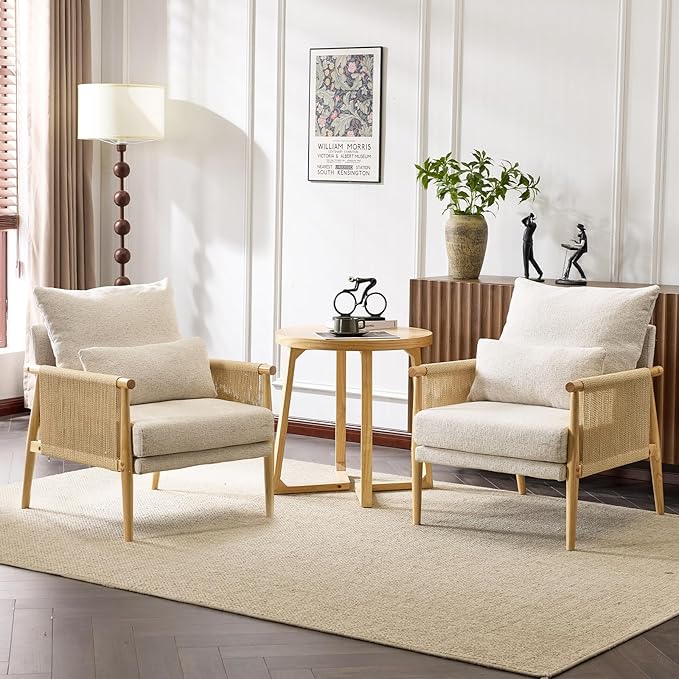 VINGLI Boho Braid Accent Armchairs Set of 2,Mid-Century Modern Chiars with Solid Wooden Armrest,Comfy Louge Cushion Chairs with Waist Pillow for Bedroom,Living Room,Reading Room, Gray Beige