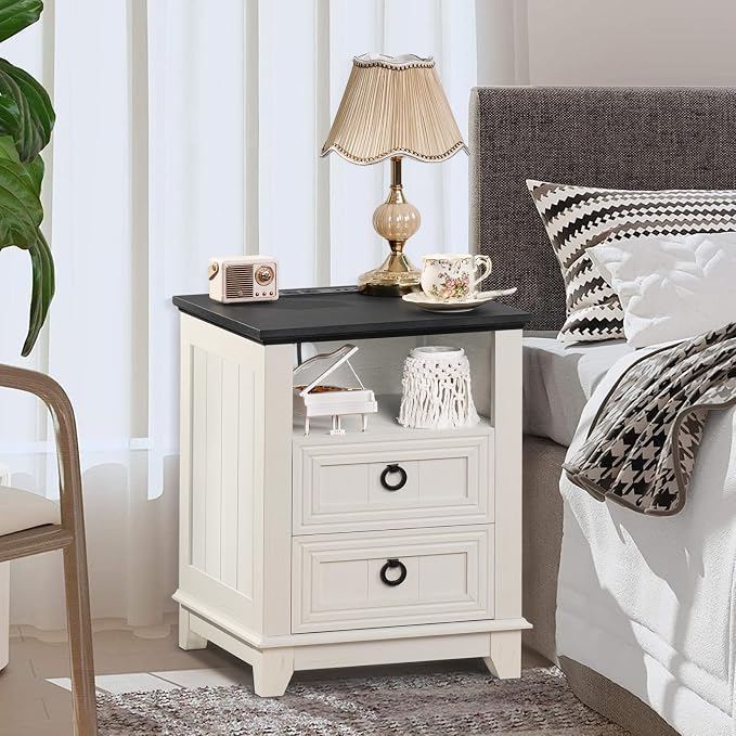 Joaxswe 18" Farmhouse Night Stand with Charging Station, 2 Drawers End Table Dresser for Bedroom, White Wooden Nightstand, Bed Side Table with Open Shelf, Bedside Cabinet for Living Room, Closet - Image 8