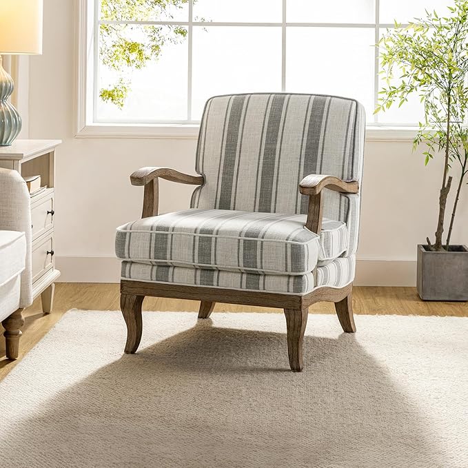 HULALA HOME Upholstered Accent Chair, Mid-Century Modern Striped Chair with Graceful Curves and Wooden Legs, Comfy Lounge Armchair Striped Accent Chairs for Living Room, Bedroom (Grey)