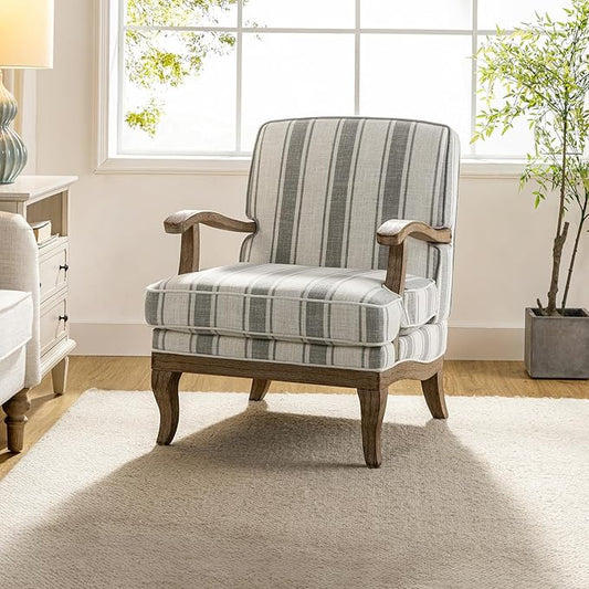 HULALA HOME Upholstered Accent Chair, Mid-Century Modern Striped Chair with Graceful Curves and Wooden Legs, Comfy Lounge Armchair Striped Accent Chairs for Living Room, Bedroom (Grey)